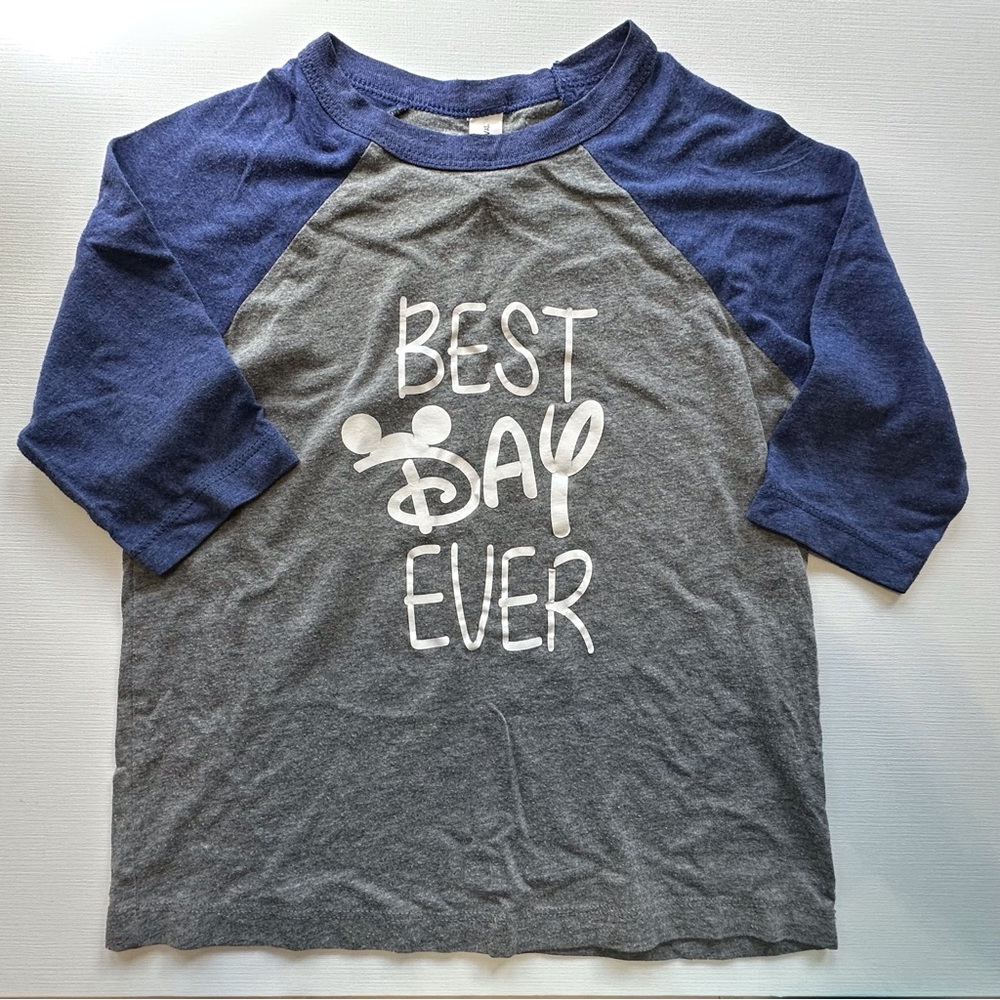 Disney Print ‘Best Day Ever’ 3/4 Sleeve Blue Gray Graphic Print Shirt Boys 5T